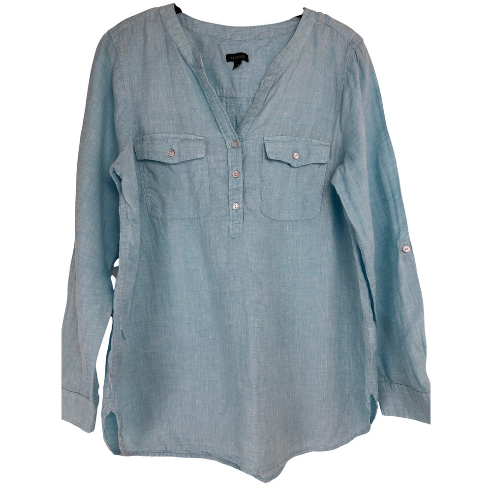 Talbots Womens Blue Linen Roll Tab Sleeve Button Top Beachy Coastal Boho‎ Large